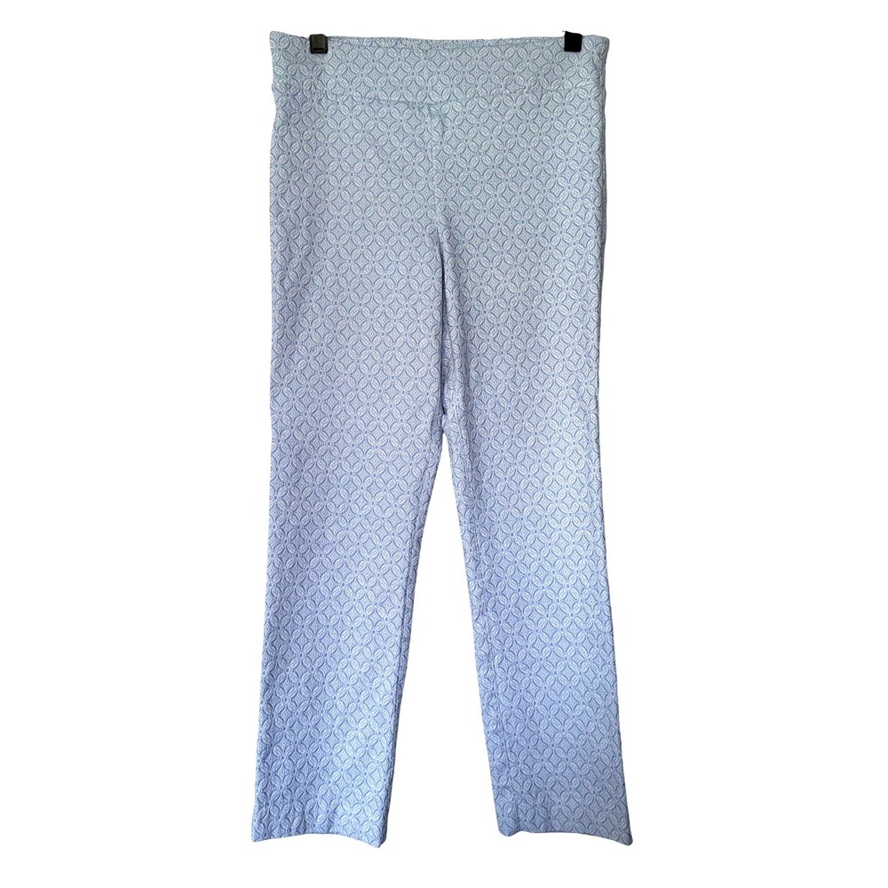 Margaret M Slimming Pant Womens Large Blue White Geometric Straight Leg Trousers